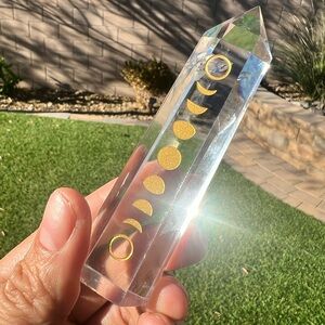 AAA GRADE Clear Crystal Quartz Obelisk with Gold Moon Phases